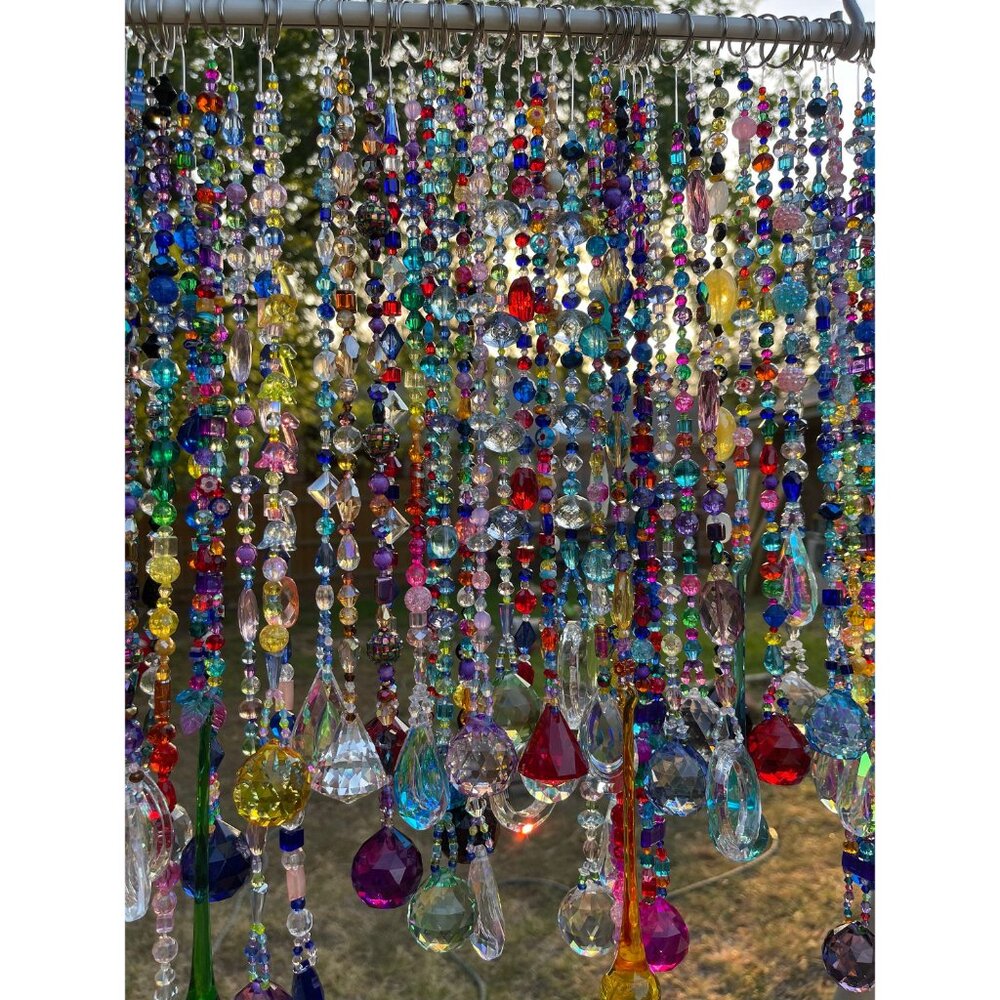 Beaded Christmas Tree Suncatcher Red Green Crystal Prism Hanging Decor - Picture 9 of 10